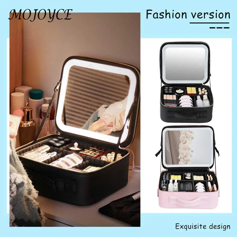 Smart LED Cosmetic Case with Mirror Beauty Bag Portable Large Capacity Fashion Simple PU Leather Casual for Weekend Vacation