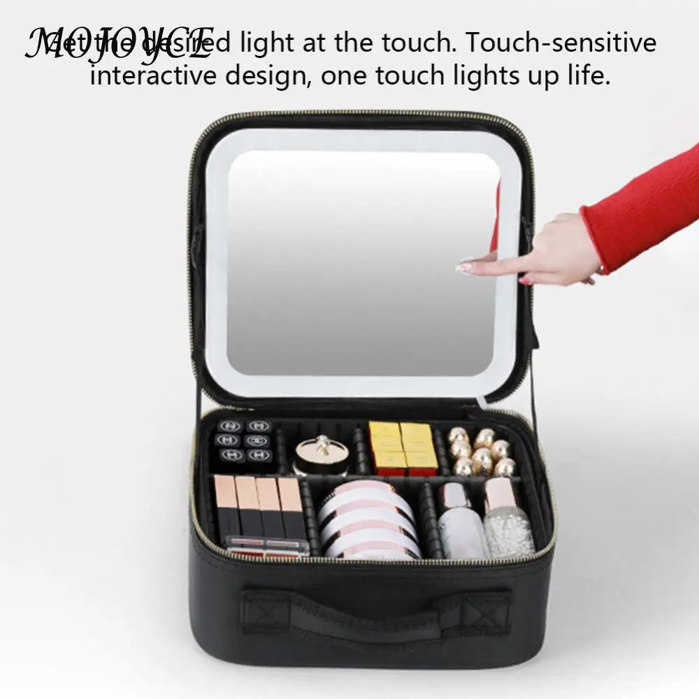 Smart LED Cosmetic Case with Mirror Beauty Bag Portable Large Capacity Fashion Simple PU Leather Casual for Weekend Vacation