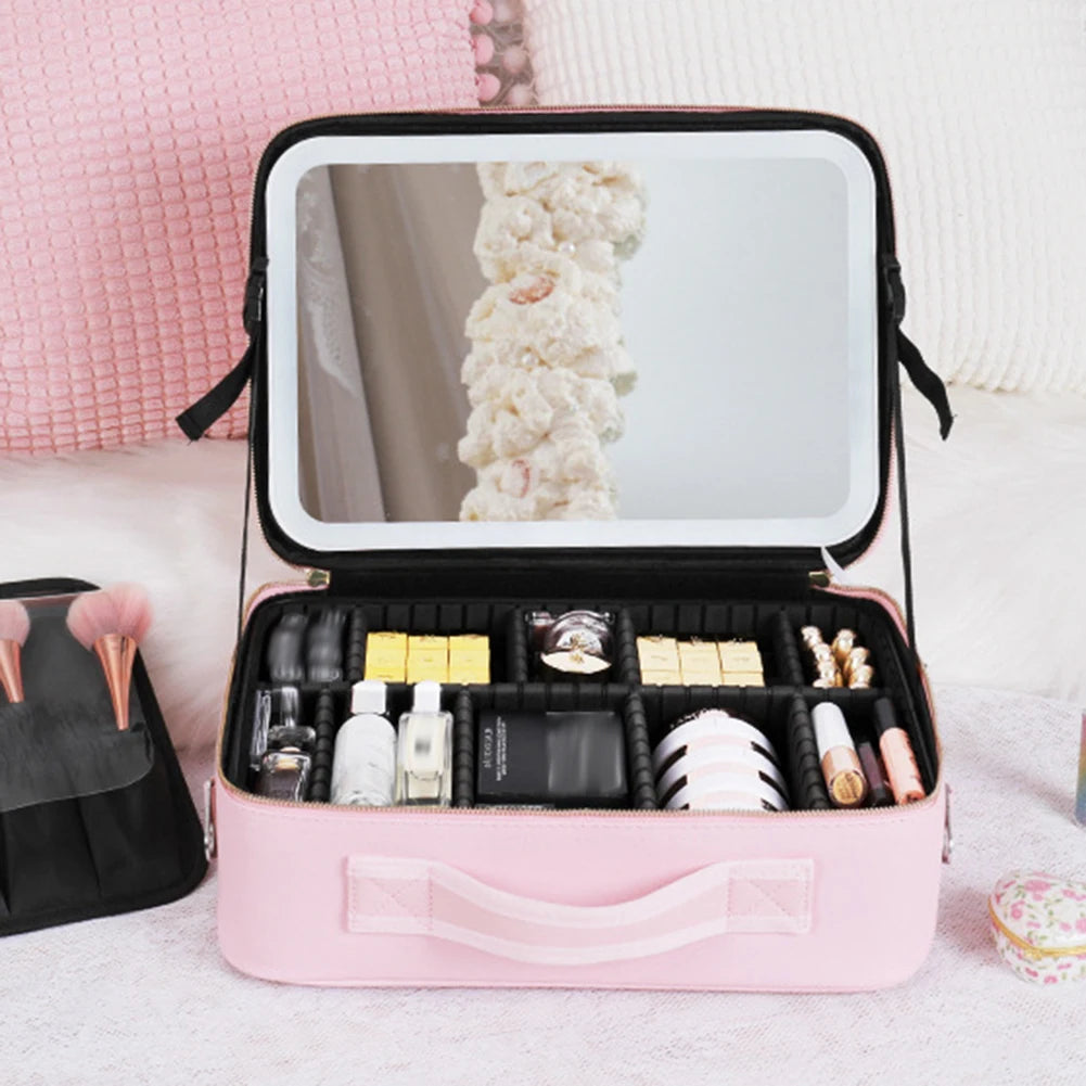 Smart LED Cosmetic Case with Mirror Beauty Bag Portable Large Capacity Fashion Simple PU Leather Casual for Weekend Vacation