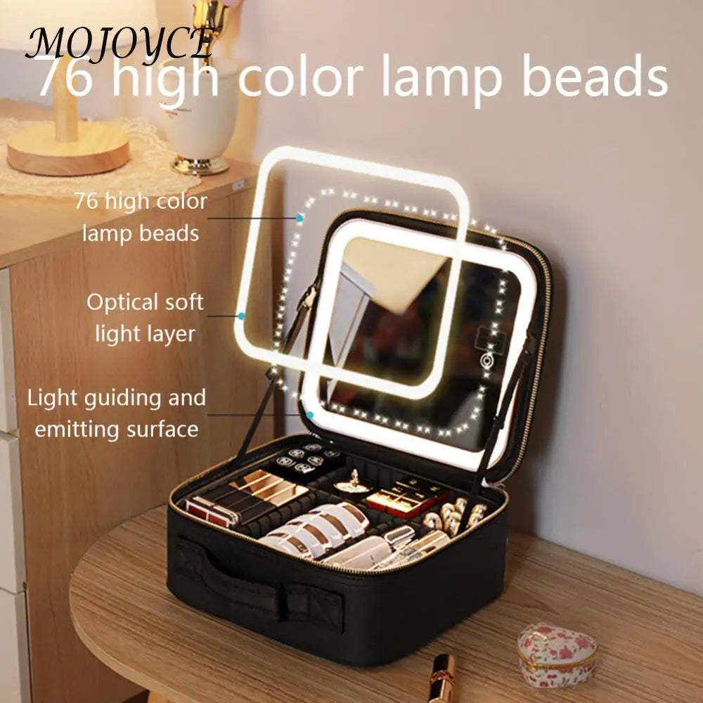 Smart LED Cosmetic Case with Mirror Beauty Bag Portable Large Capacity Fashion Simple PU Leather Casual for Weekend Vacation